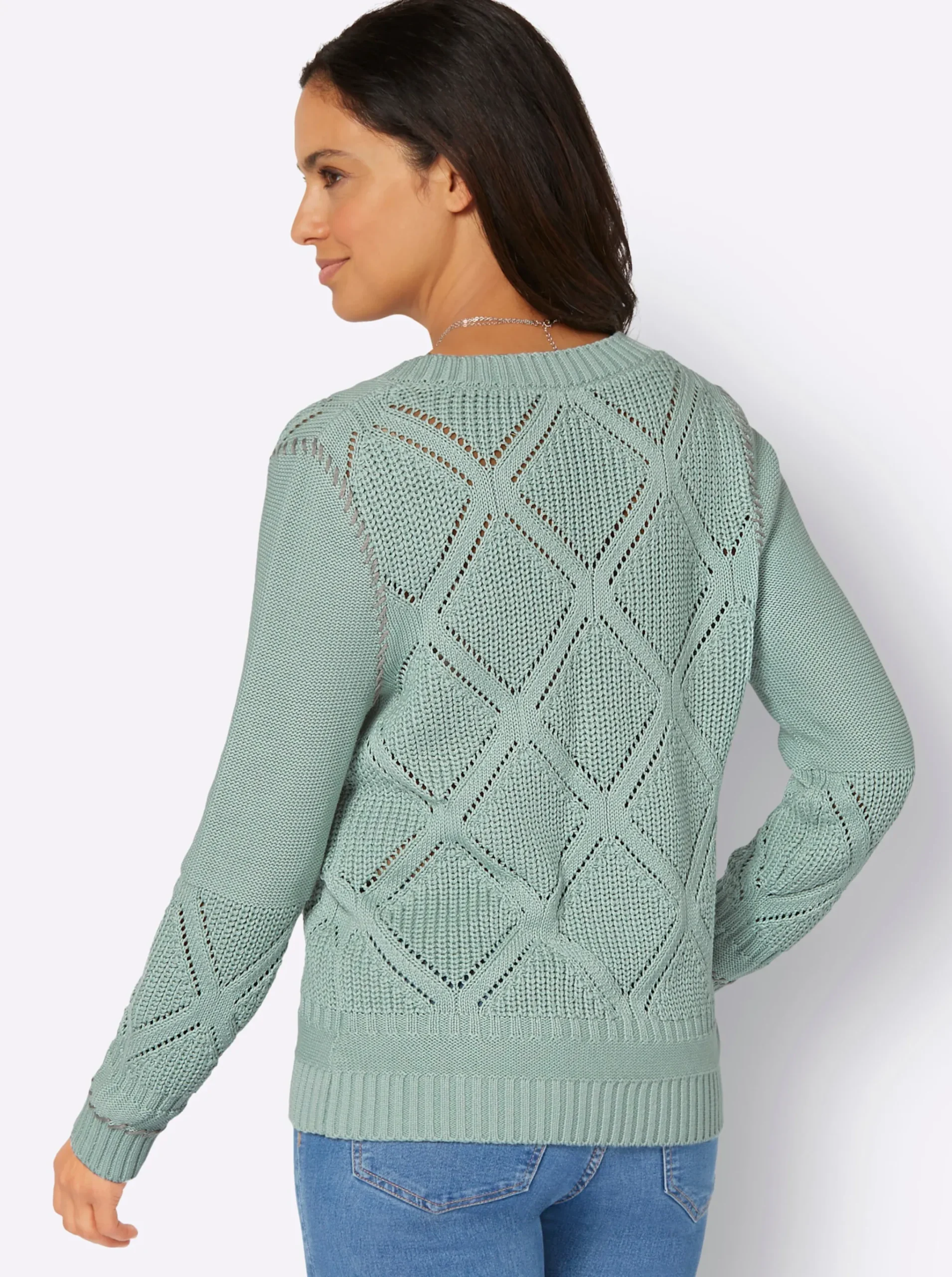 Ajourpullover mit Kontrast-Ziernähten