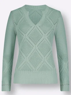 Ajourpullover mit Kontrast-Ziernähten