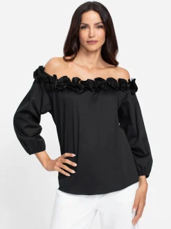 Carmenbluse mit 3D-Blumen am Ausschnitt