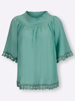 Crinklebluse mit Spitzenbesatz