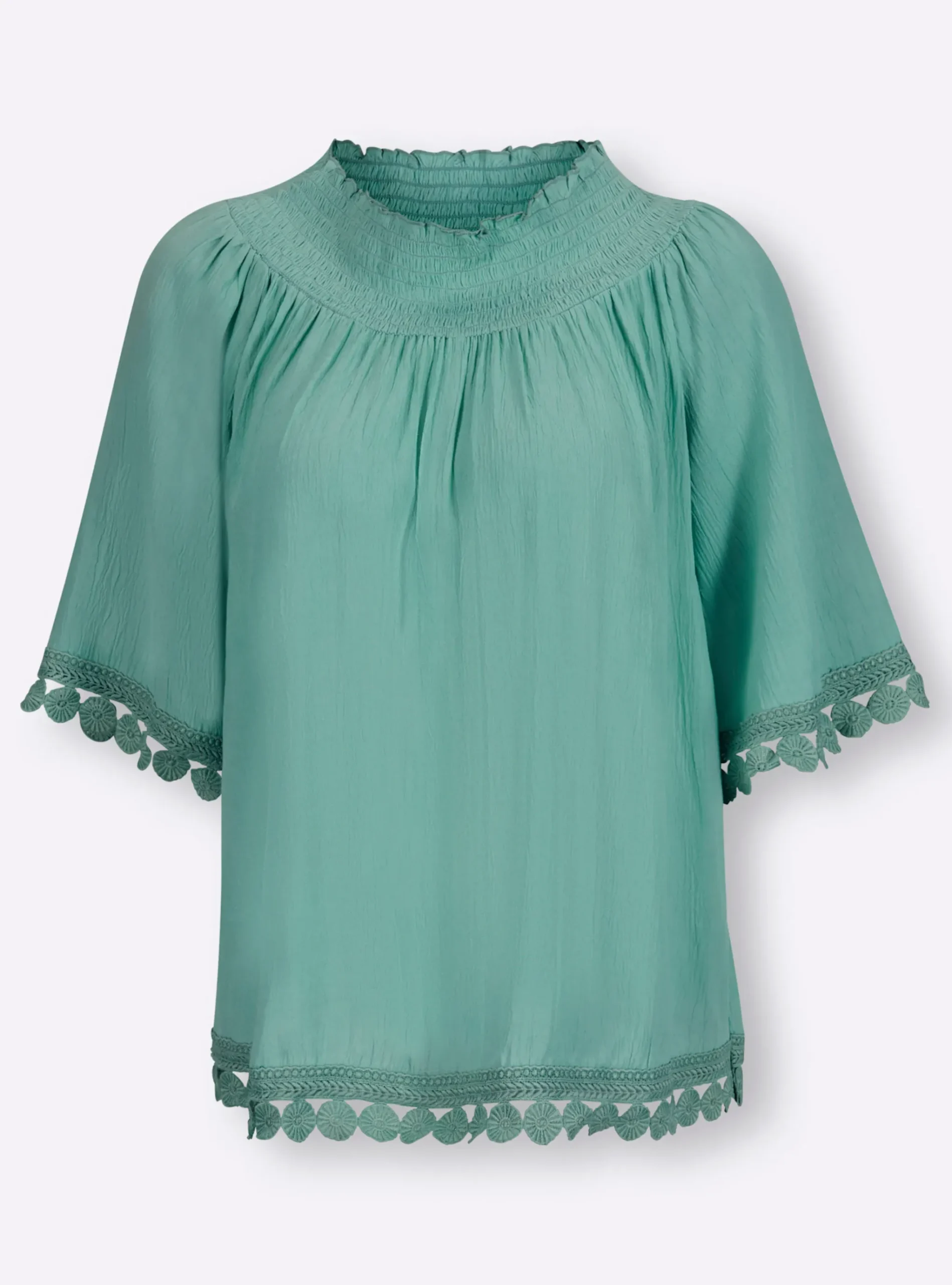 Crinklebluse mit Spitzenbesatz