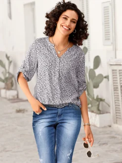 Druckbluse mit krempelbaren Ärmeln