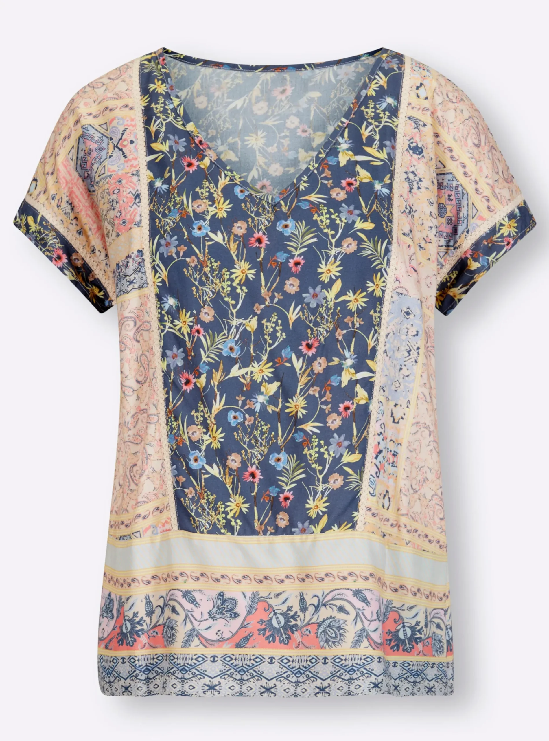 Druckbluse mit Spitzeneinsätzen