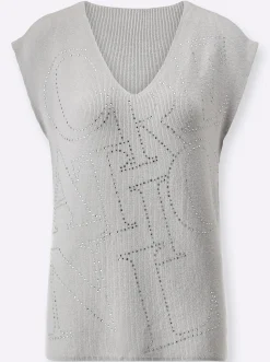 V-Ausschnitt-Pullover mit Glitzersteinchen-Schriftzug
