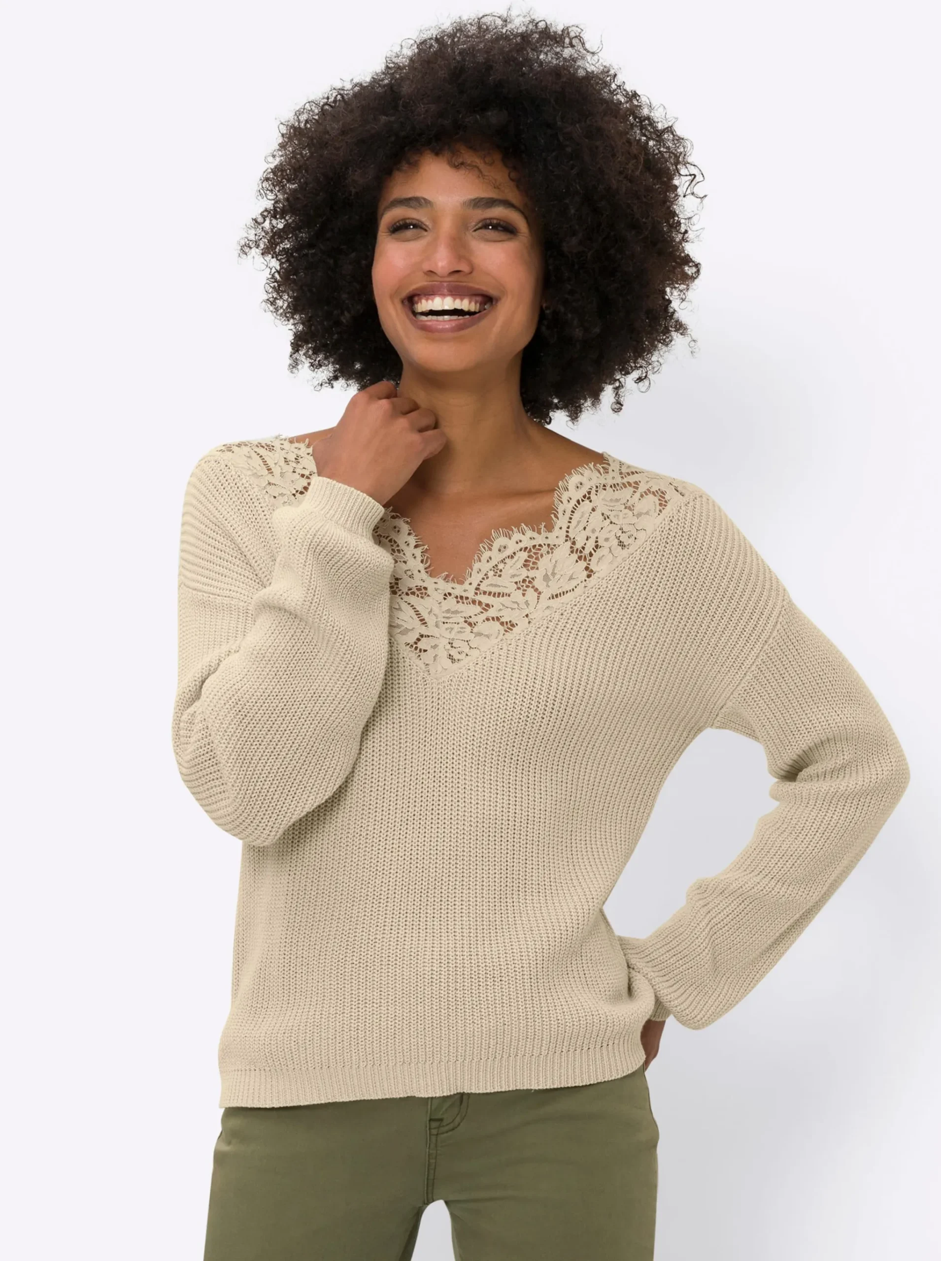 V-Ausschnitt-Pullover mit Spitze